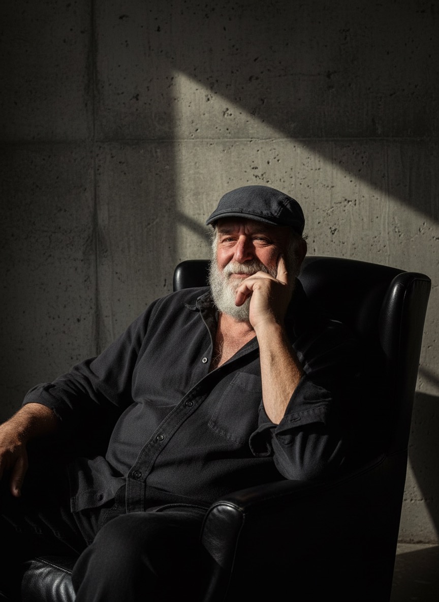 Tom Hartley seated in a leather armchair, wearing a flat cap, lit by hard sunlight against a concrete wall